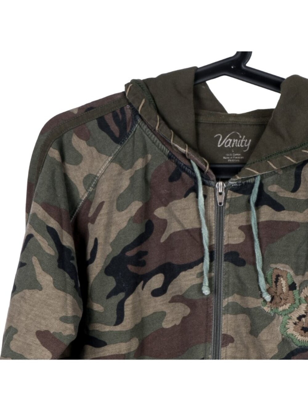 Camo Hoodie Jacket L Womens Green Full Zip Embroidered Stitching Cotton - Picture 2 of 5